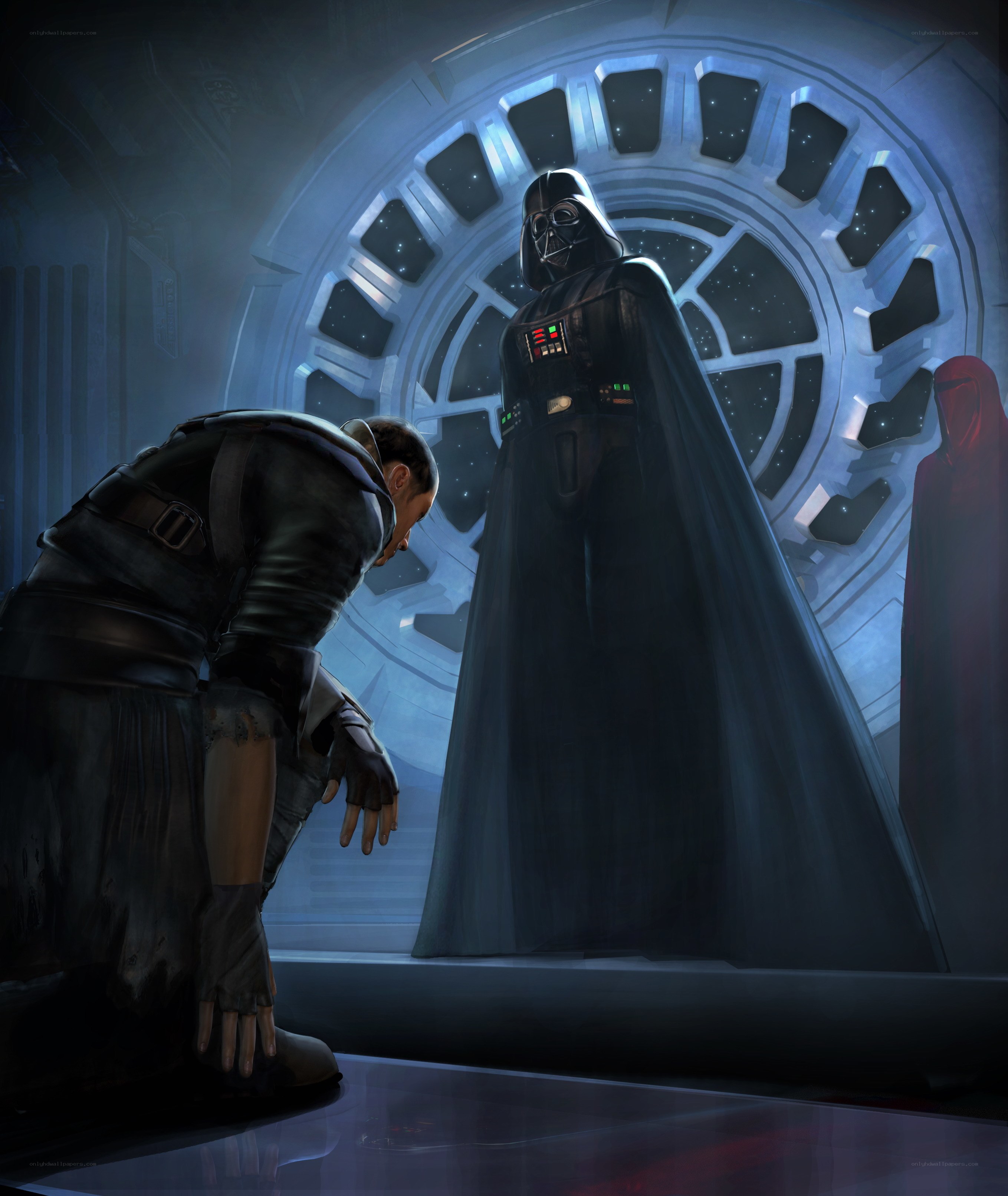 Darth Vader confronts a kneeling figure
