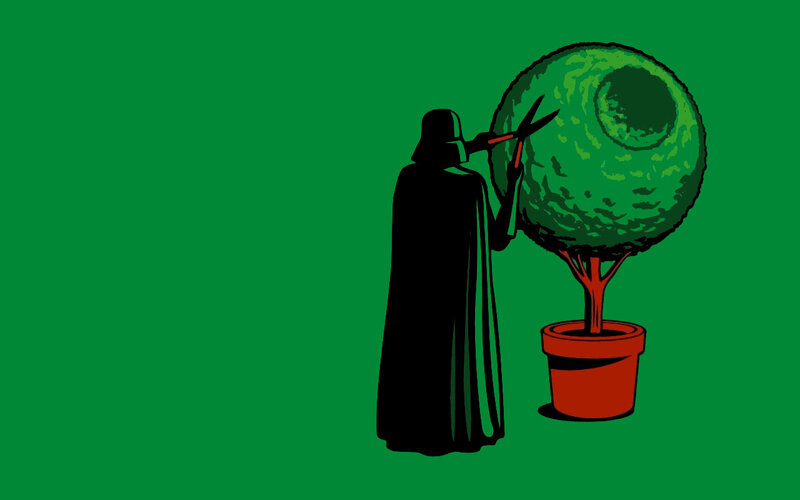 Darth Vader Pruning Tree — Green, Humorous, Illustration, Scissors, Potted Plant