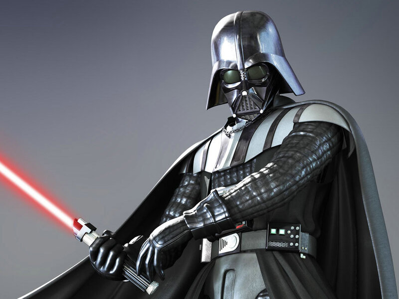 Darth Vader with Lightsaber — Black, Dramatic, 3d Render, Cape, Mask, Gray