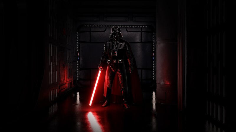 Darth Vader with Lightsaber — Black, Dramatic, Night, 3d Render, Corridor