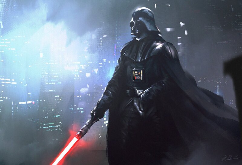 Darth Vader with Lightsaber — Black, Dramatic, Night, Digital Art, Cityscape, Cape