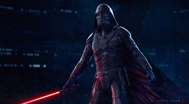 Darth Vader with Lightsaber — Black, Dramatic, Night, Digital Art, Rain, Cape