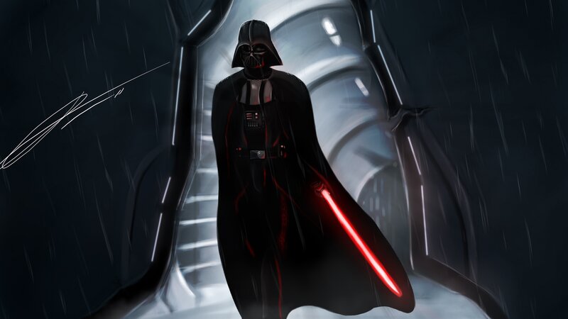 Darth Vader with Lightsaber — Black, Dramatic, Night, Digital Art, Rain, Corridor