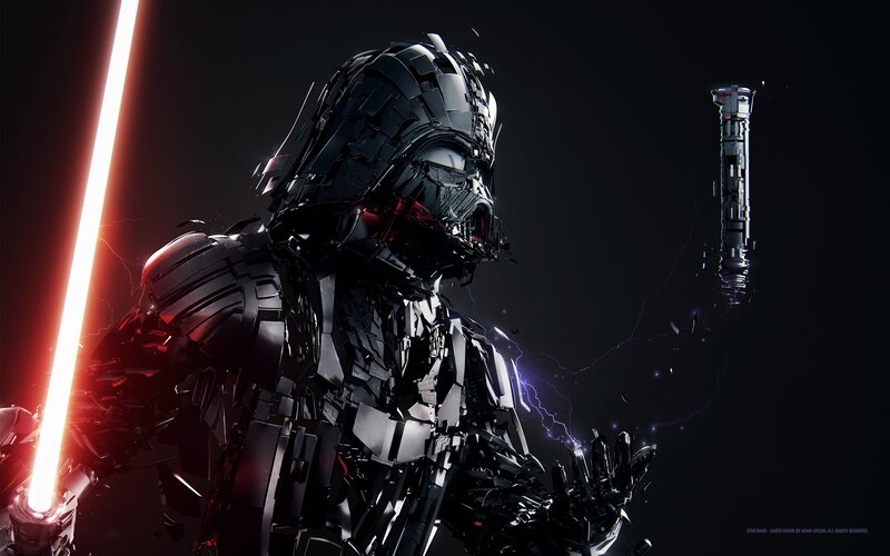 Darth Vader with Lightsaber — Black, Dramatic, Night, Digital Art, Sith Holocron