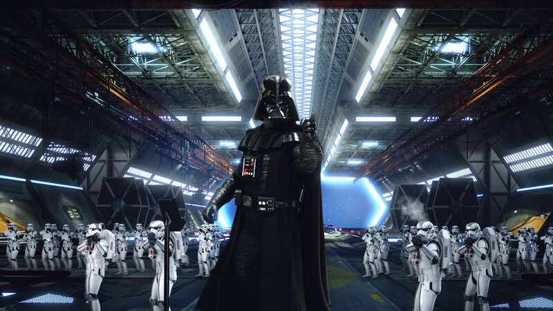 Darth Vader with Stormtroopers — Black, Dramatic, 3d Render, Spaceship Hangar