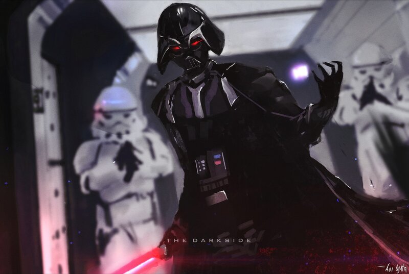 Darth Vader with Stormtroopers — Black, Dramatic, Digital Art, Lightsaber, Corridor