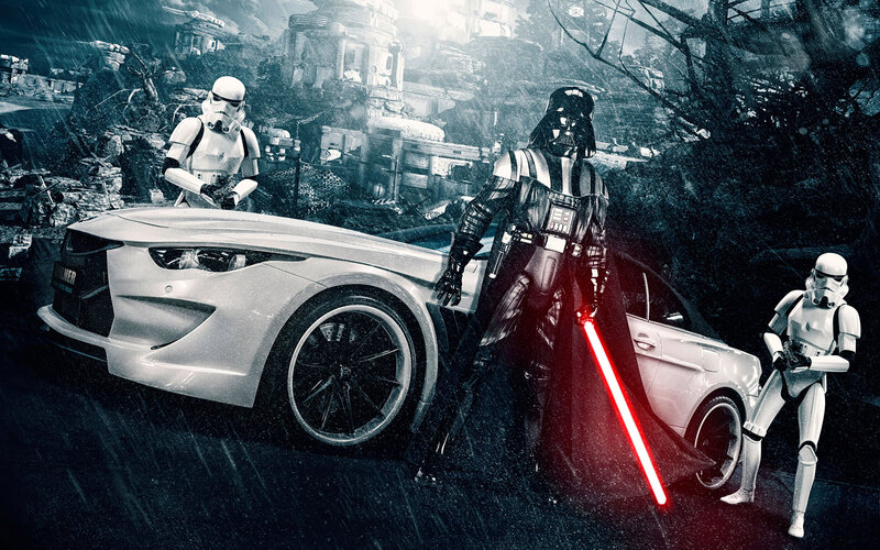 Darth Vader with Stormtroopers — Black, Dramatic, Night