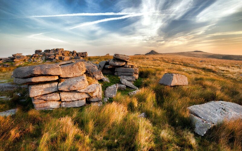Dartmoor stone ruins at sunset