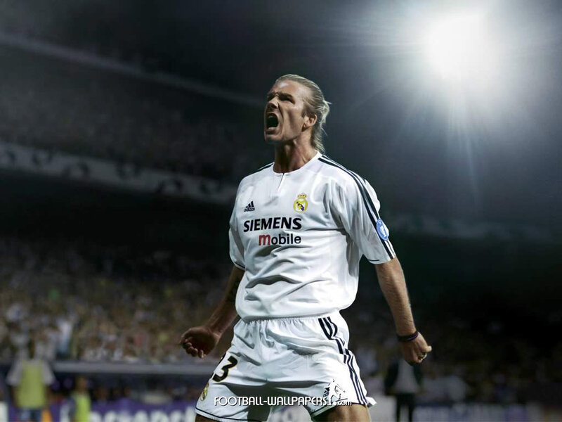 David Beckham celebrates in Real Madrid kit