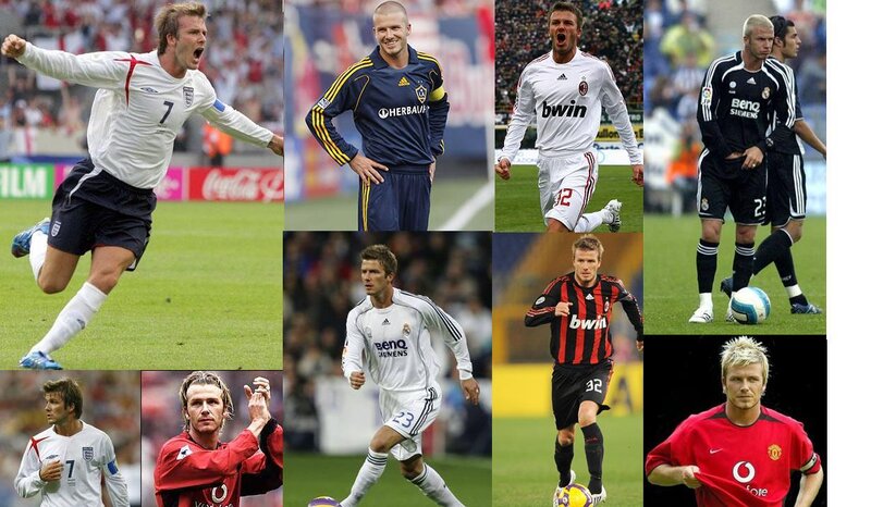 David Beckham in various football kits