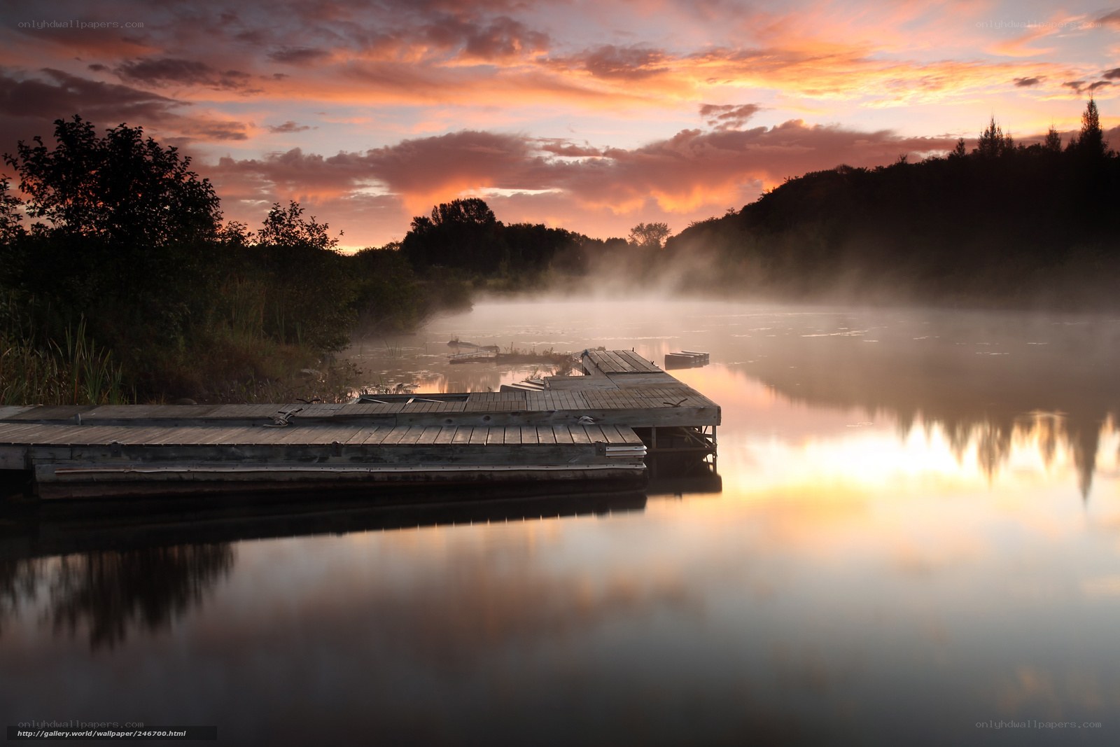Dawn mist over a lake dock