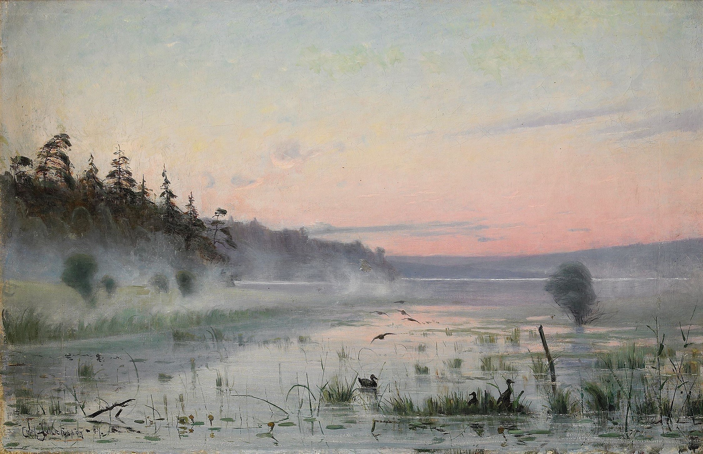 Dawn over a misty lake