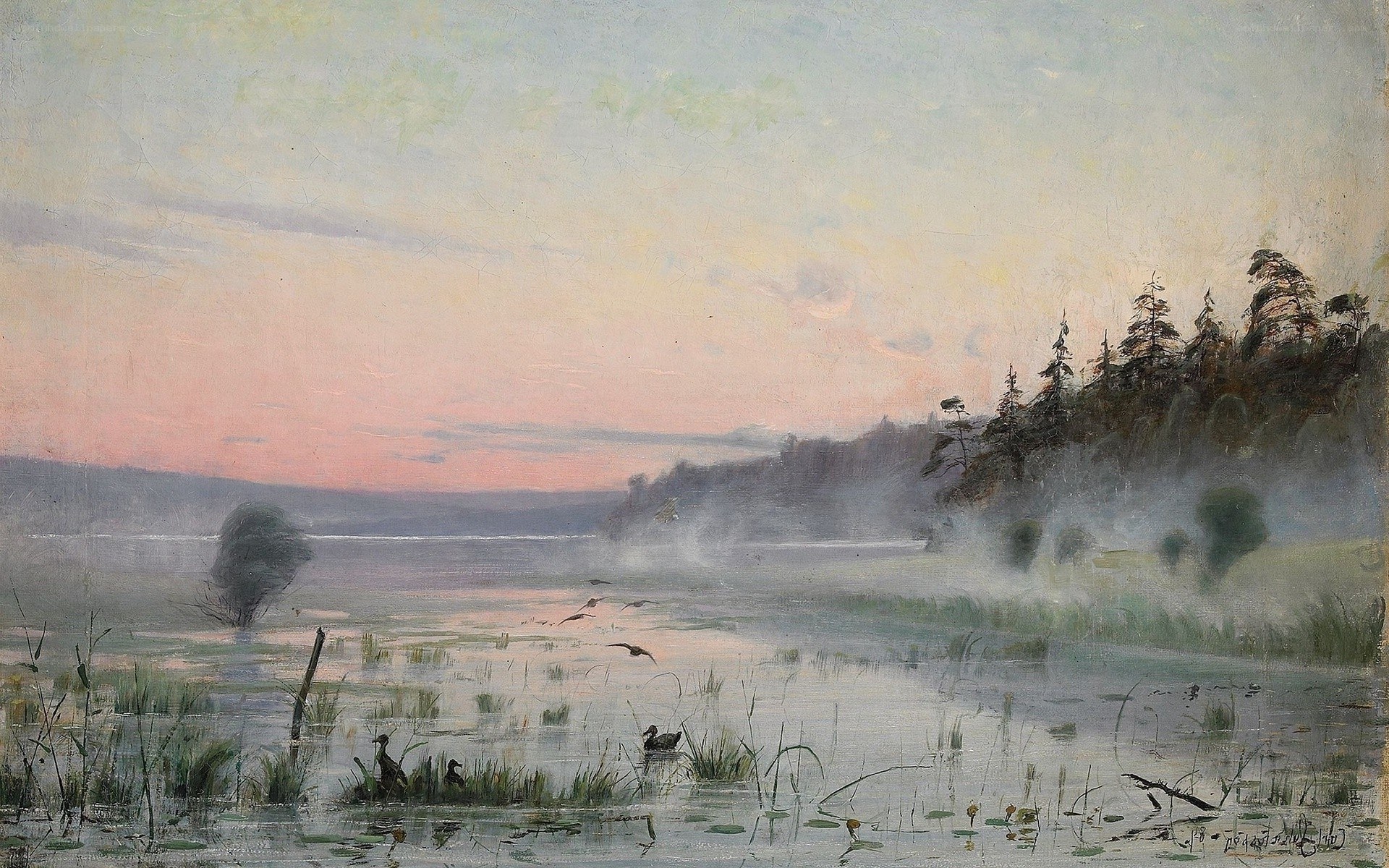Dawn over a misty lake