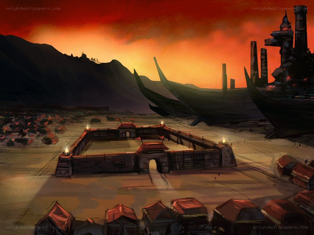 dawn over a war-torn settlement