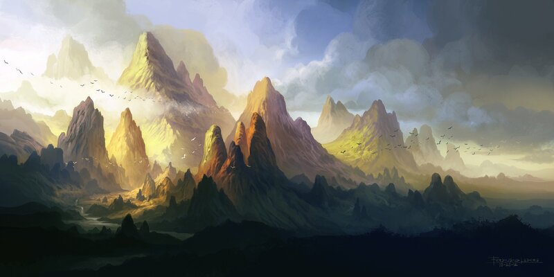 dawn over jagged mountains