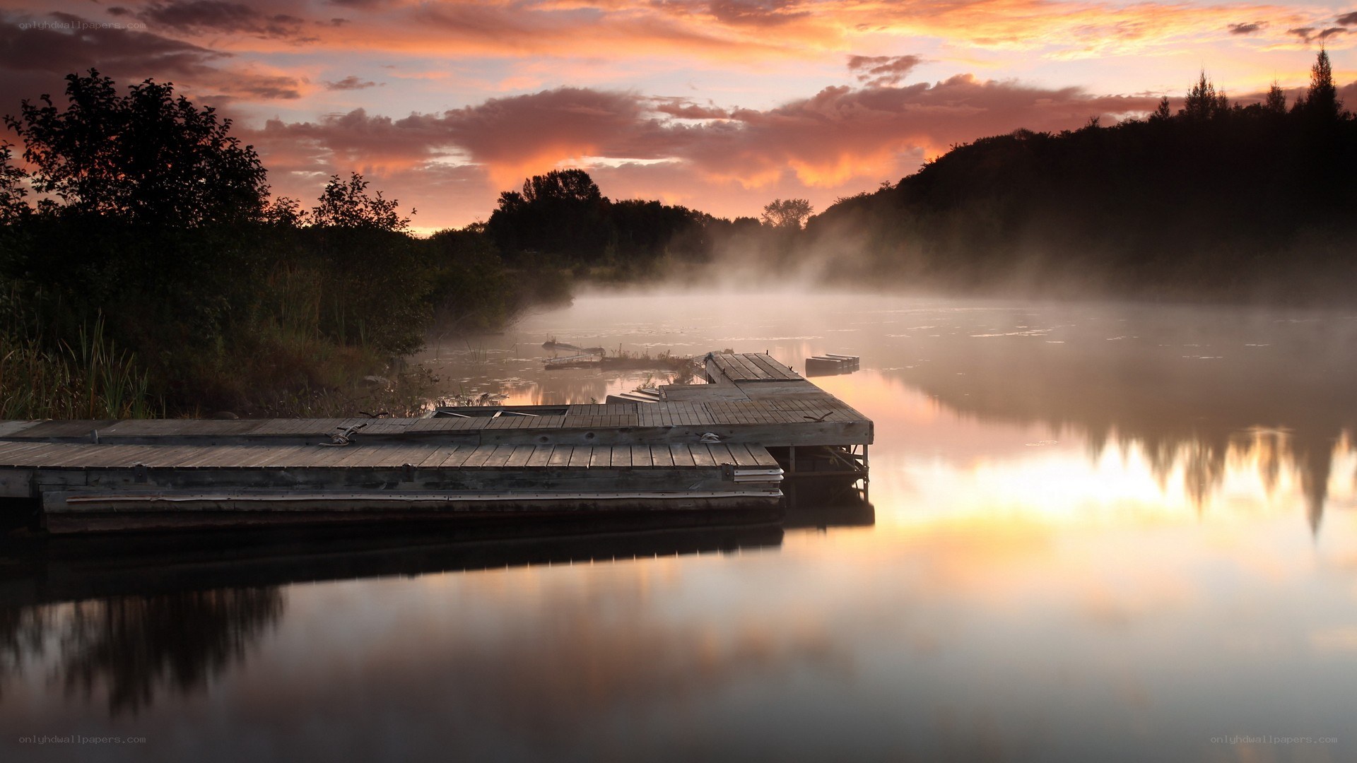 Dawn over misty lake dock