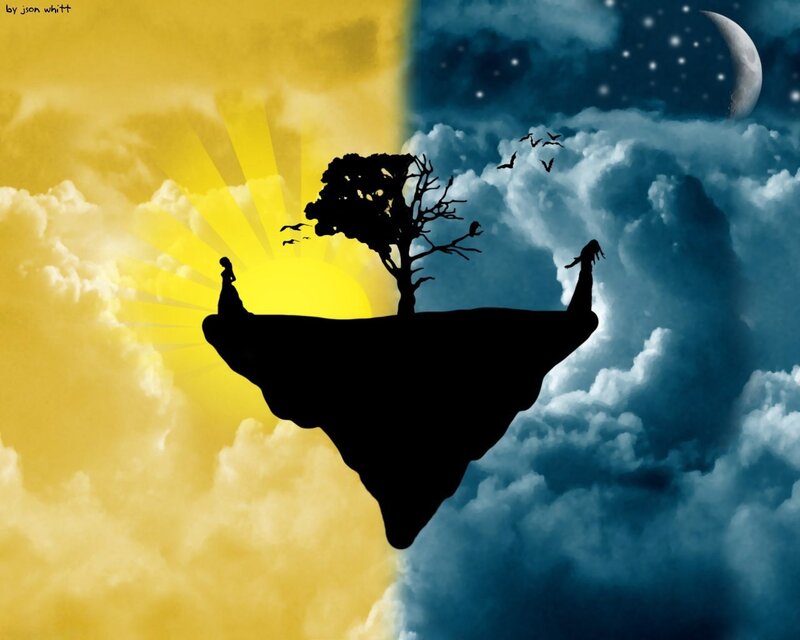 Day and night island silhouette