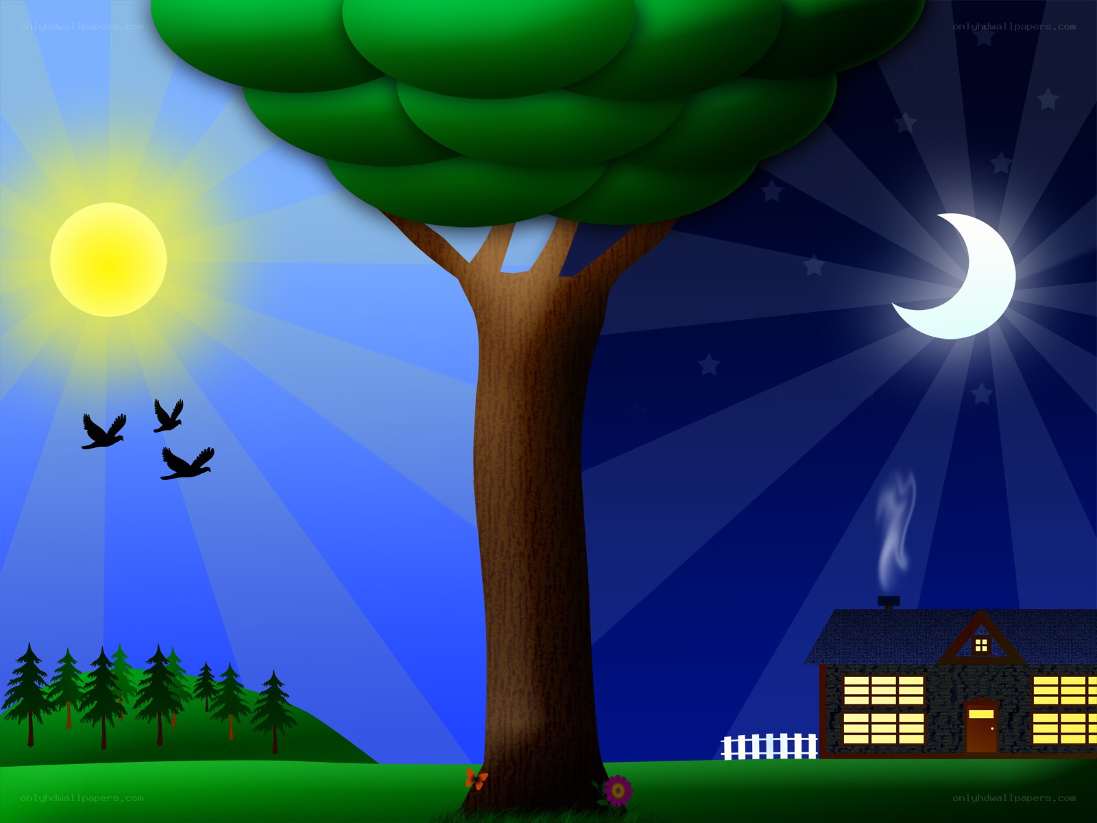 Day and night scene with tree