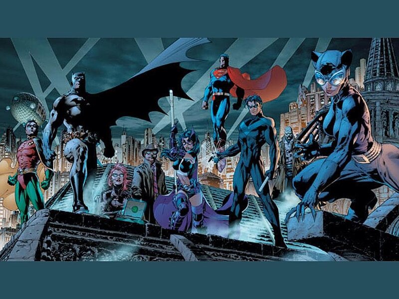DC Comics heroes on rooftop