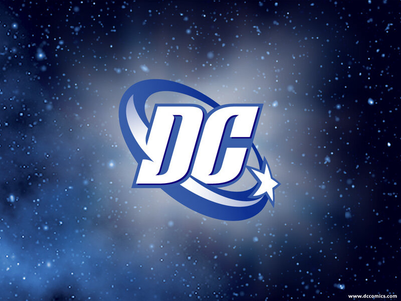 DC Comics logo on starry background