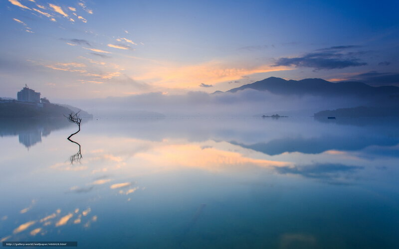 Dead Tree in Lake — Blue, Serene, Sunrise, Photograph, Mountains, Building
