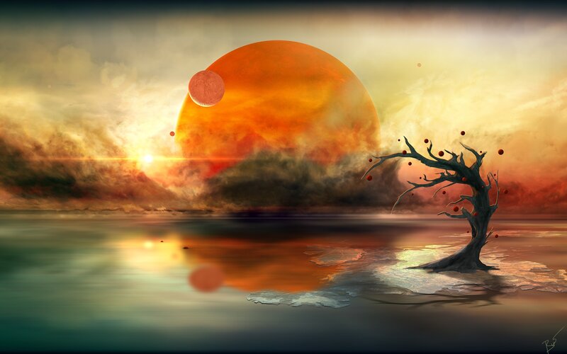 Dead Tree in Water — Orange, Dramatic, Sunset, Digital Art