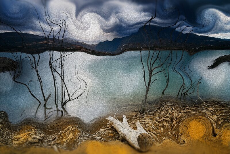 Dead Trees in Lake — Blue, Dramatic, Digital Art