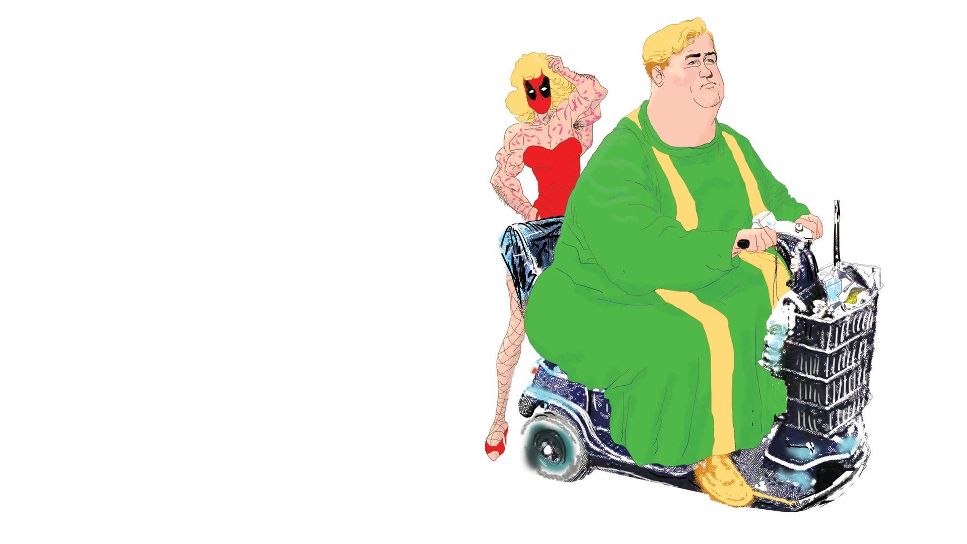 Deadpool and a man on a scooter