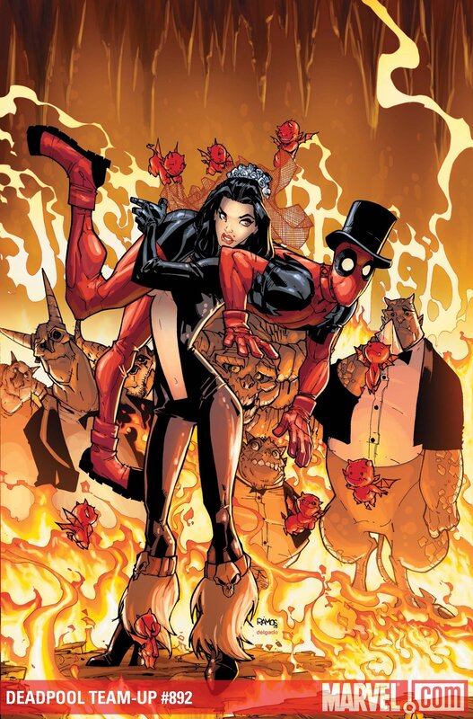 Deadpool and Lady Deadpool in flames