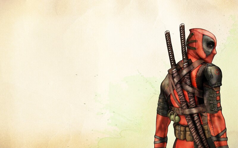 Deadpool Character — Red, Dramatic, Digital Art, Swords, Backpack, Mask, Black