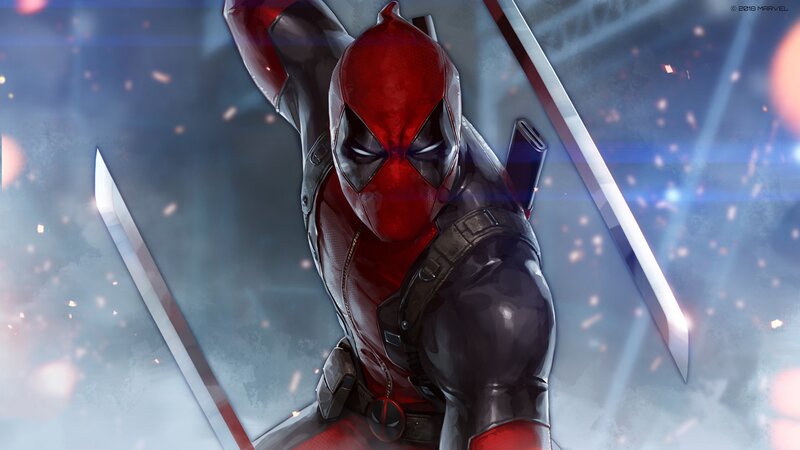Deadpool Character — Red, Dramatic, Digital Art, Swords, Mask, Sparks