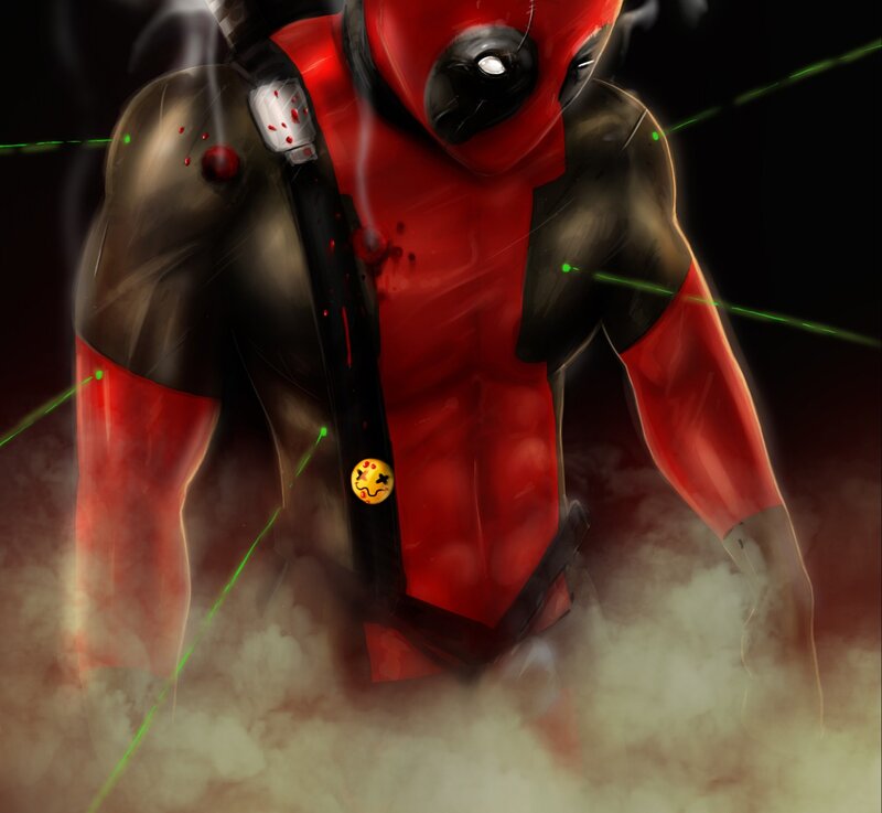 Deadpool Character — Red, Dramatic, Night, Digital Art, Green Lasers