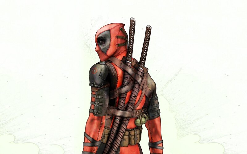 Deadpool Character — Red, Neutral, Digital Art, Swords, Armor, Backpack, Black