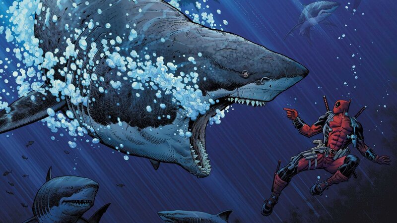Deadpool Fighting Sharks — Blue