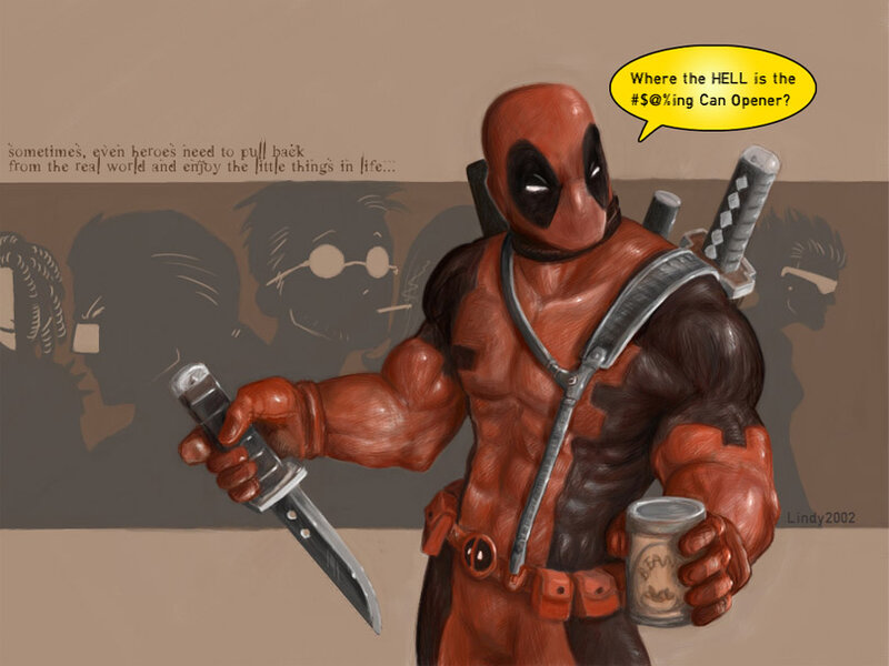 Deadpool frustrated with can opener