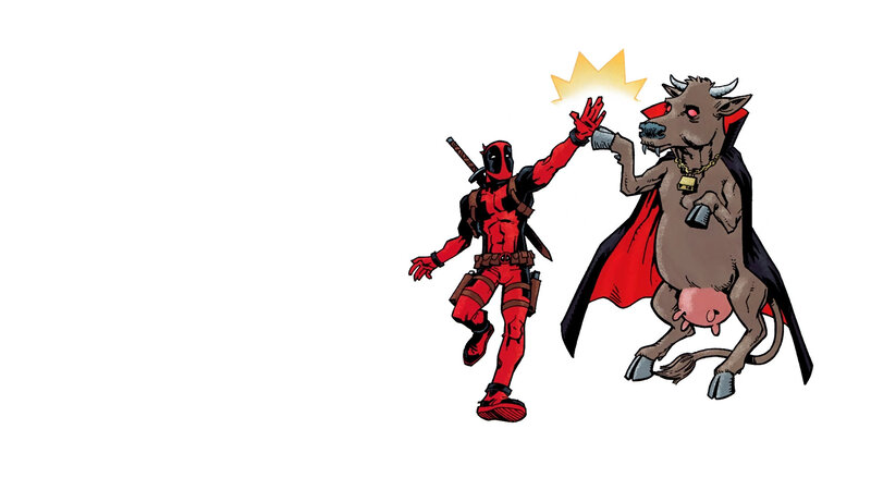 Deadpool high-fiving a bull