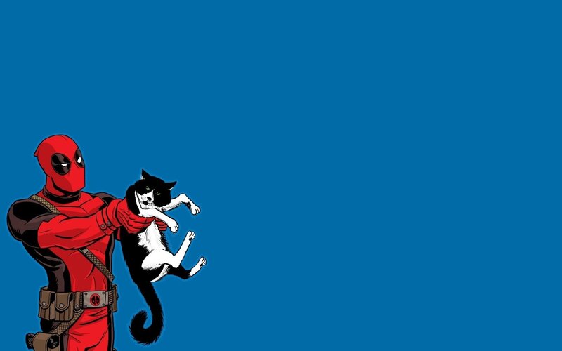 Deadpool Holding a Cat — Blue, Playful, Comic