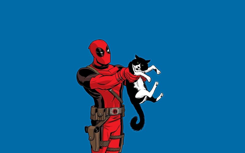 Deadpool Holding a Cat — Blue, Playful