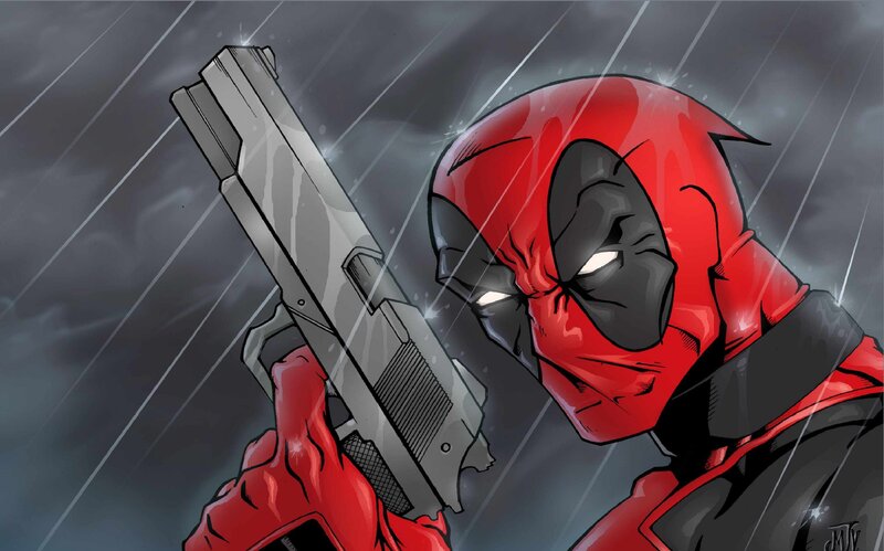 Deadpool Holding a Gun — Red, Dramatic, Comic, Rain