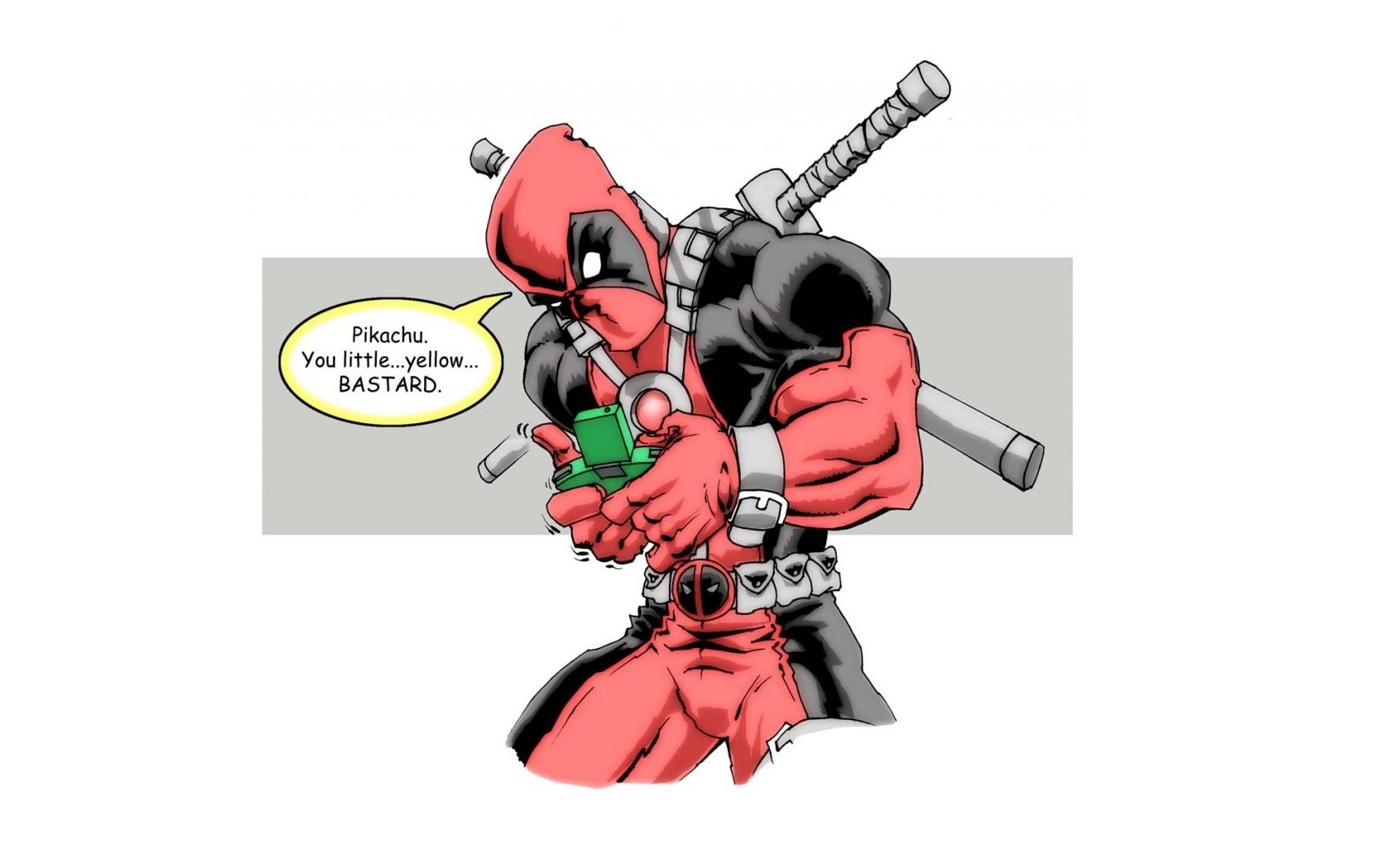 Deadpool holding a Pikachu toy