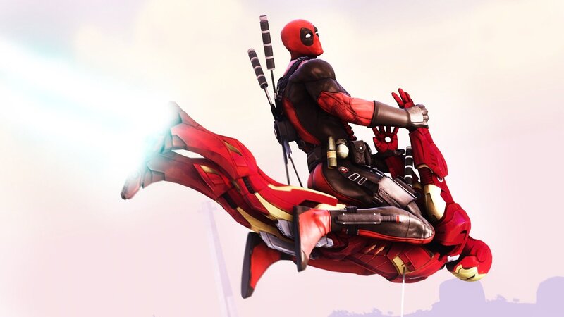 Deadpool Holding Iron Man — Red, Action-packed