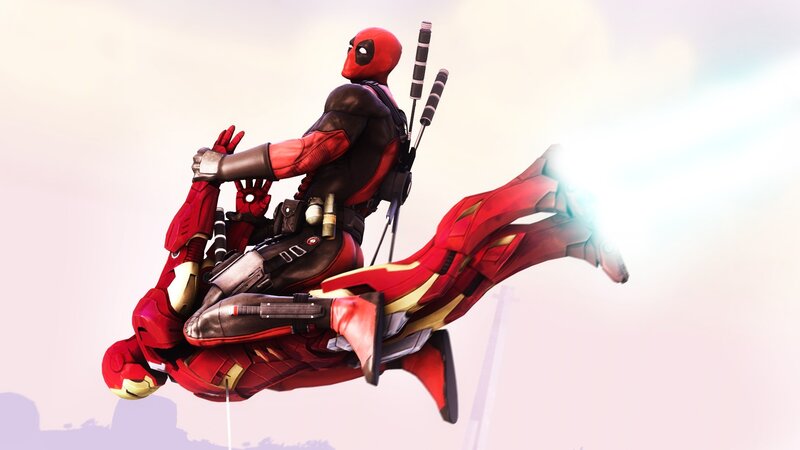 Deadpool Holding Iron Man — Red