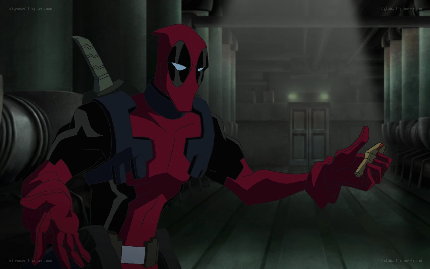 Deadpool in a dimly lit corridor