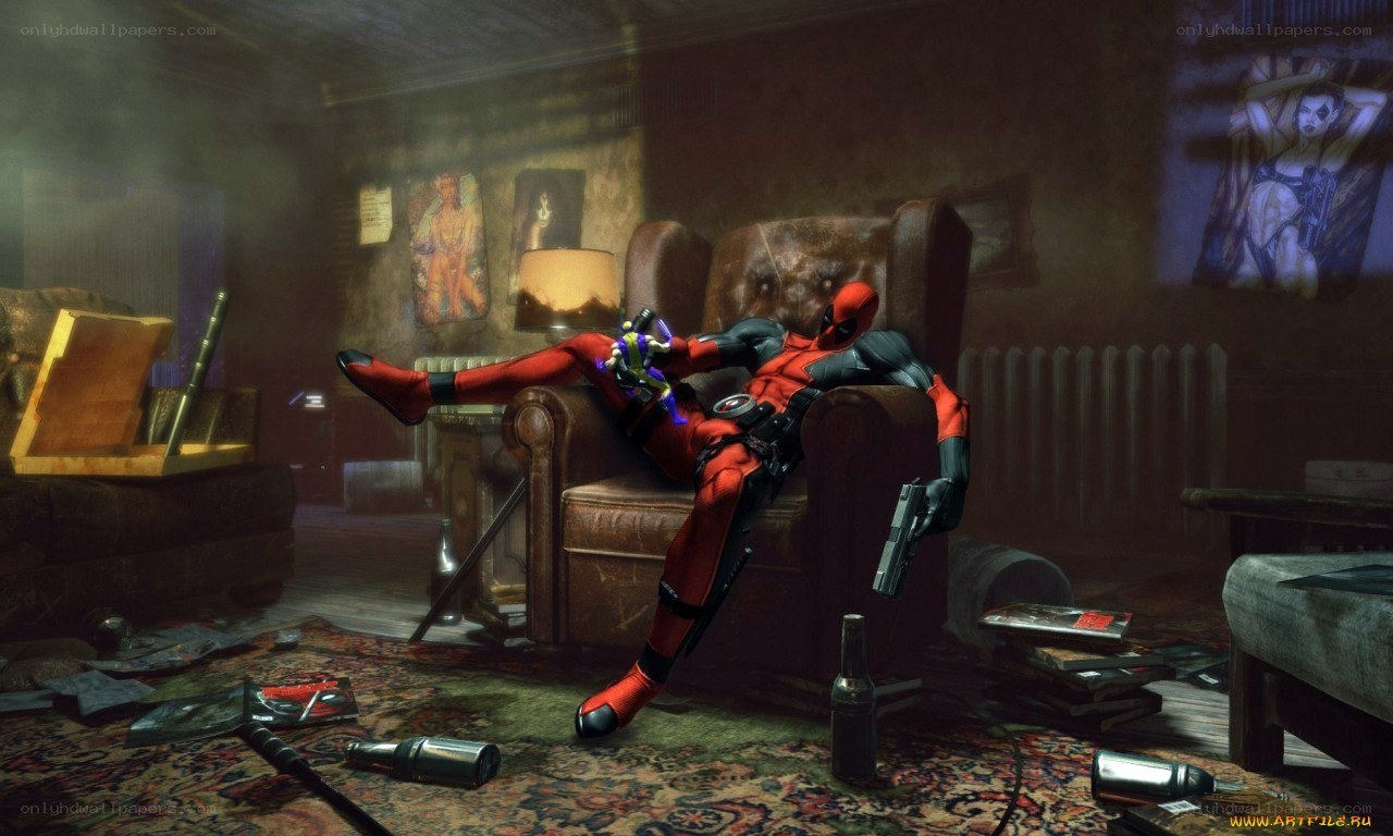 Deadpool in a messy room