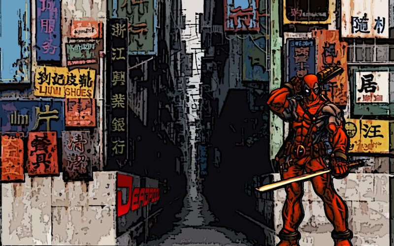 Deadpool in a neon alley