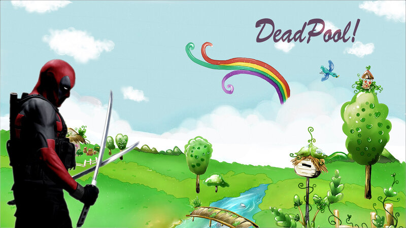 Deadpool in a whimsical landscape
