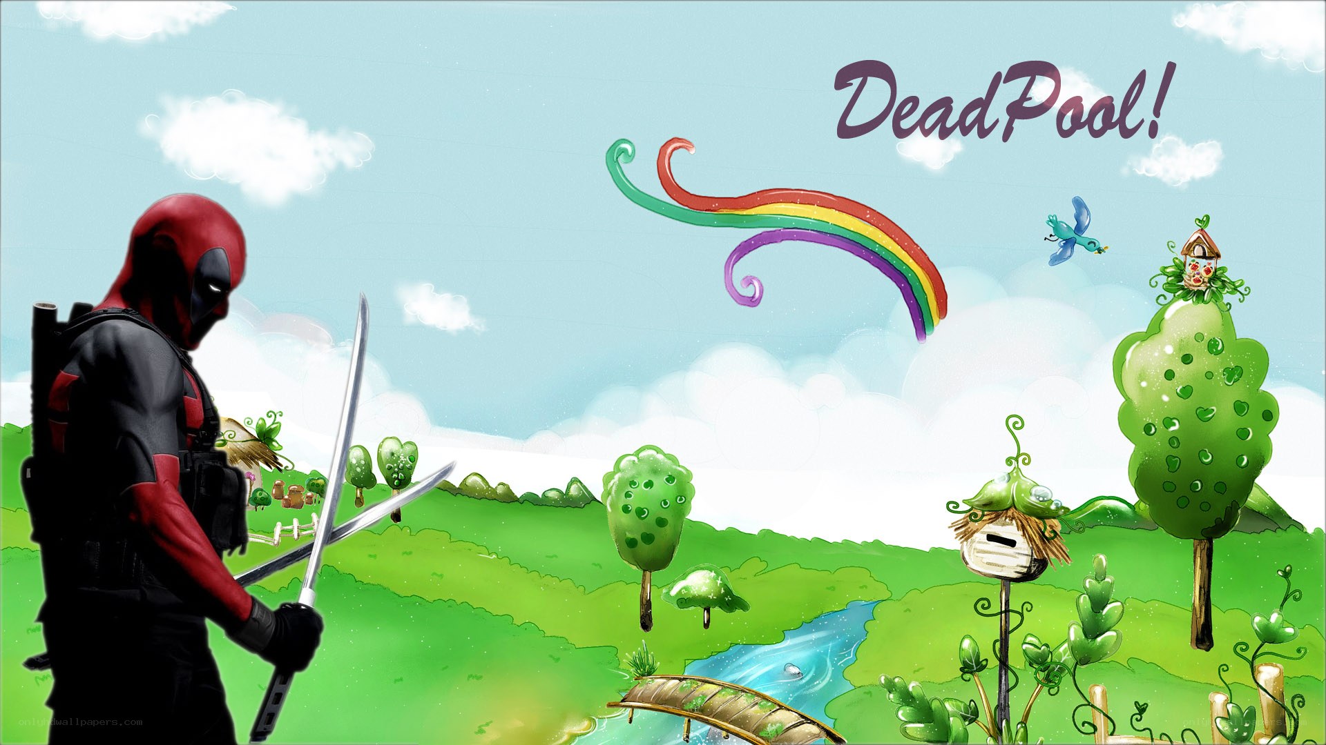 Deadpool in a whimsical landscape