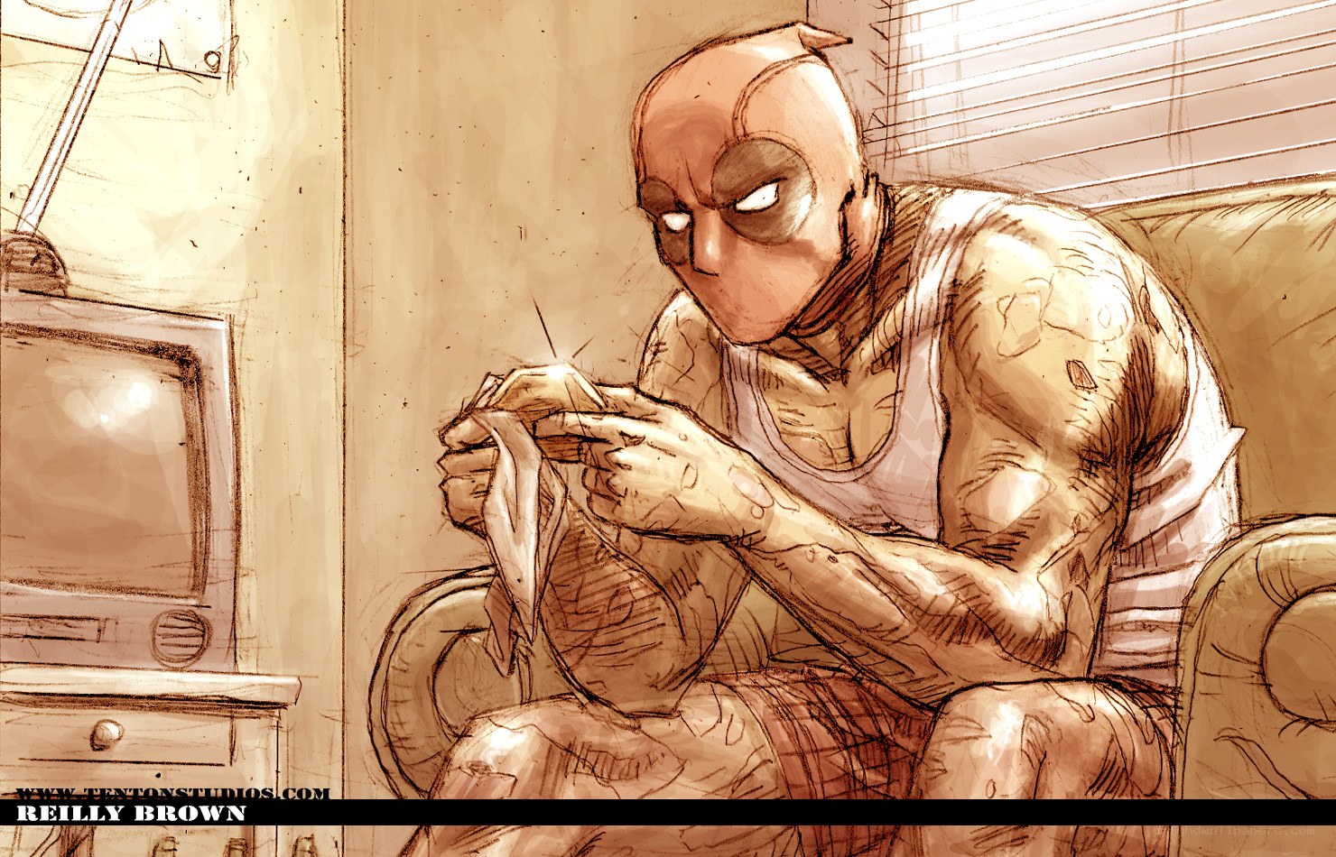 Deadpool knitting at home