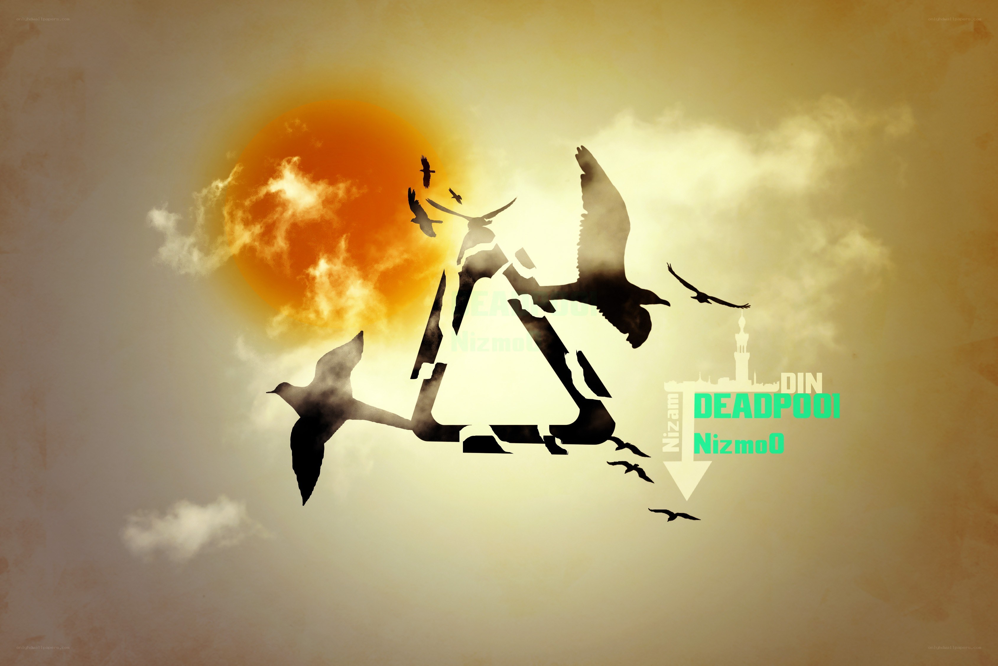 Deadpool logo with birds and sun