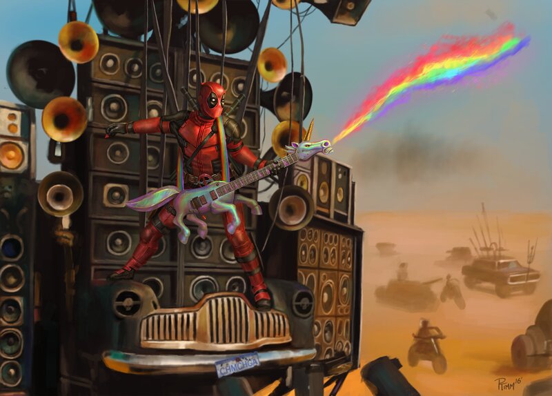 Deadpool on a Unicorn Guitar